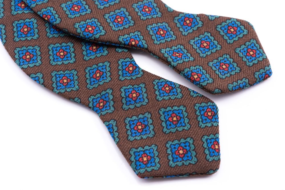 Pointed ends Wool Challis Bow Tie in Brown with Green, Blue, Red & Yellow Pattern - Fort Belvedere