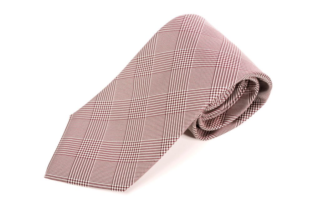 Rolled Prince of Wales Glen Check Silk Tie in Burgundy White - Fort Belvedere