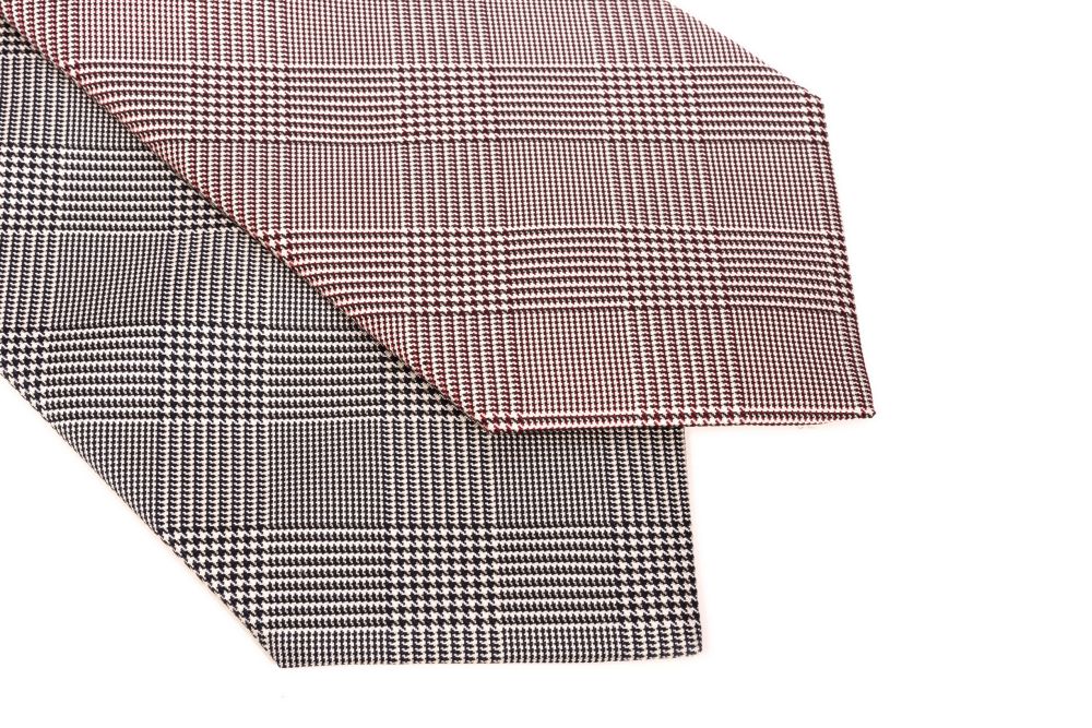 Prince of Wales Glencheck Silk Tie in Burgundy _ White and Black _ White - Fort Belvedere