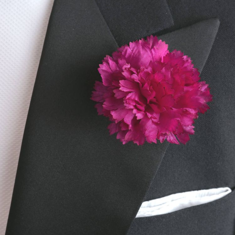 White Pocket Square and Purple Carnation Boutonniere by Fort Belvedere in Dinner Jacket