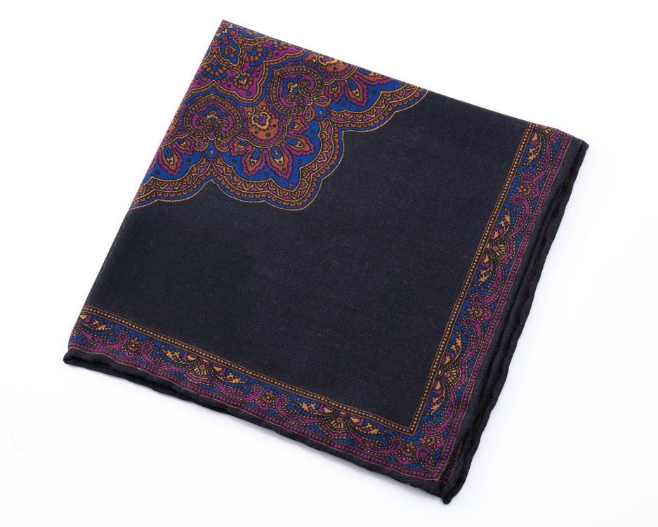 Charcoal, Purple and Blue Silk-Wool Pocket Square with Paisley Motifs - Fort Belvedere