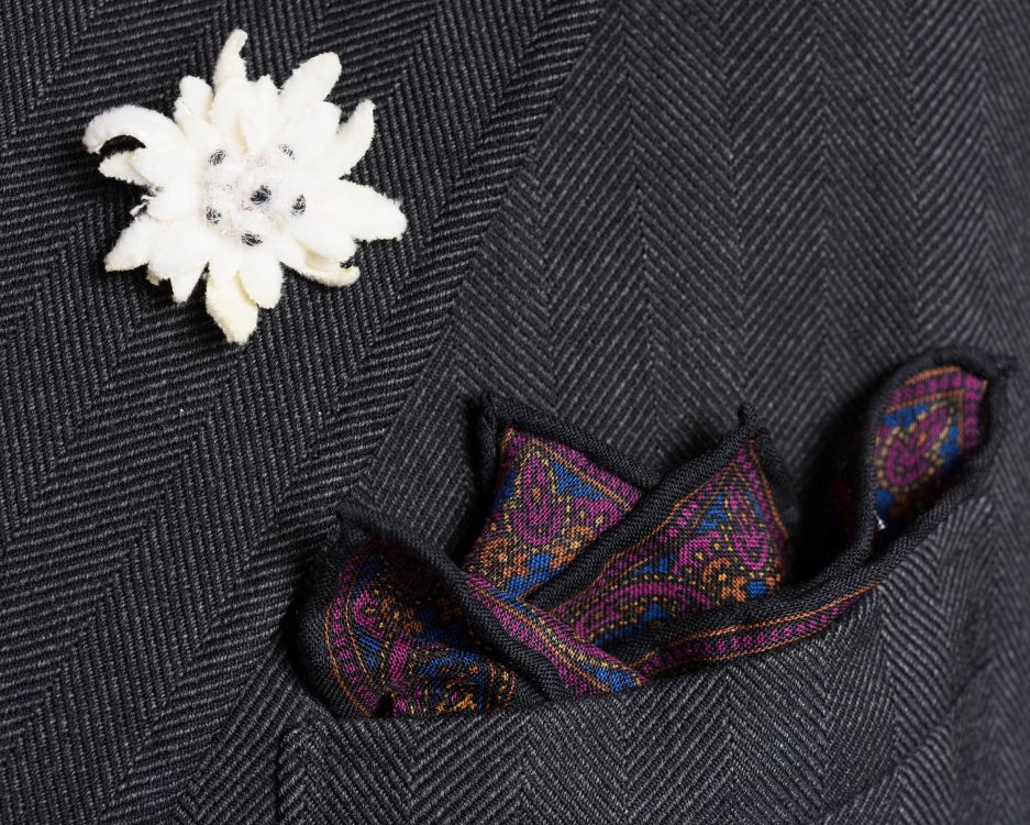 Purple, Charcoal & Blue Silk-Wool Pocket Square with Paisley Motifs and Edelweiss Boutonniere