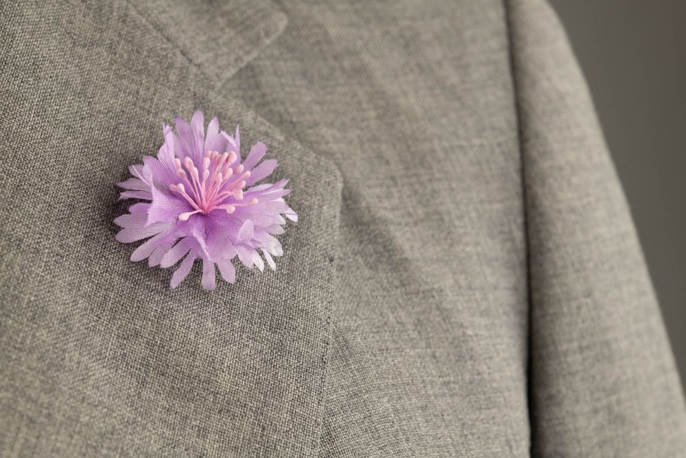 Light Purple Cornflower Boutonniere Buttonhole Flower Silk in gray suit