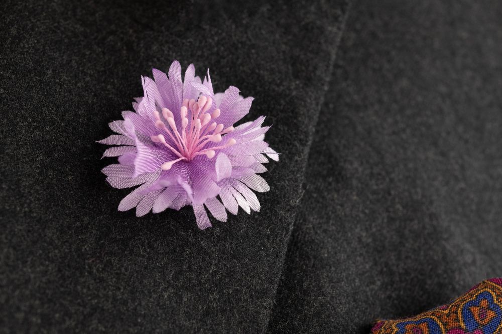Light Purple Cornflower Boutonniere Buttonhole Flower Silk in Dark charcoal suit