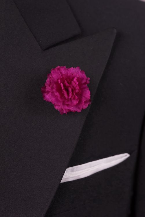 Purple Mini Carnation Boutonniere by Fort Belvedere with White Pocket Square
