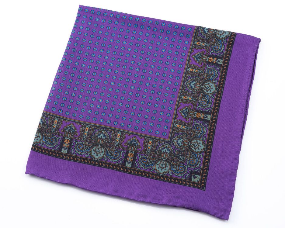 Purple Silk Pocket Square with Dotted Motifs and Paisley - Fort Belvedere