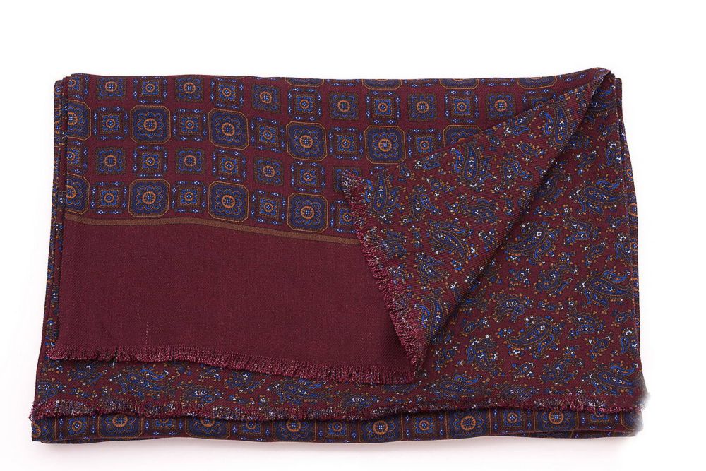 Red Burgundy and Blue Reversilble Silk Scarves in Wool Motifs & Paisley by Fort Belvedere_