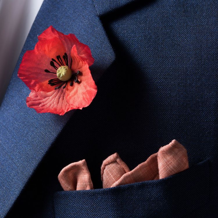 Red Flanders Field Poppy Boutonniere medium with orange pocket square by Fort Belvedere