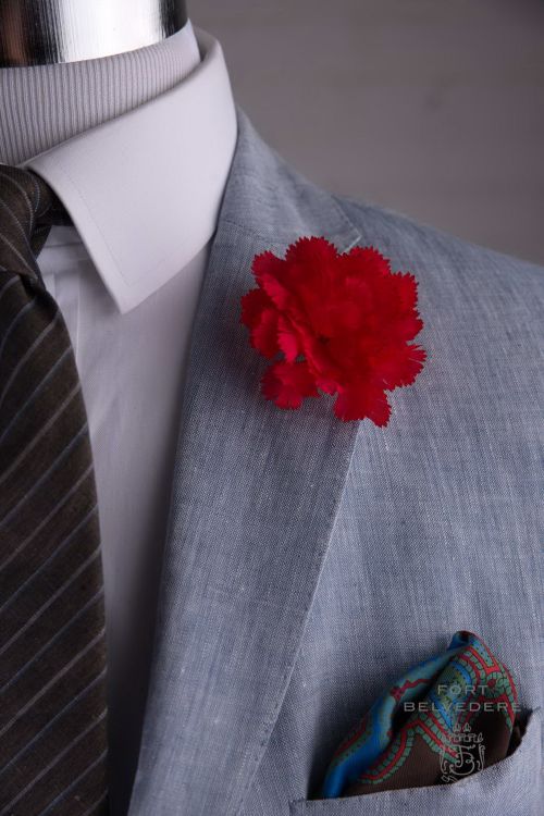 Red Life Size Carnation with brown striped linen blend tie & paisley silk pocket square by Fort Belvedere