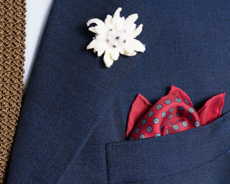 Red Silk Pocket Square with Dotted Motifs & Paisley adn Edelweiss Boutonniere adn Edelweiss Boutonniere with Knit Tie in Solid Tobacco Brown Silk.jpg