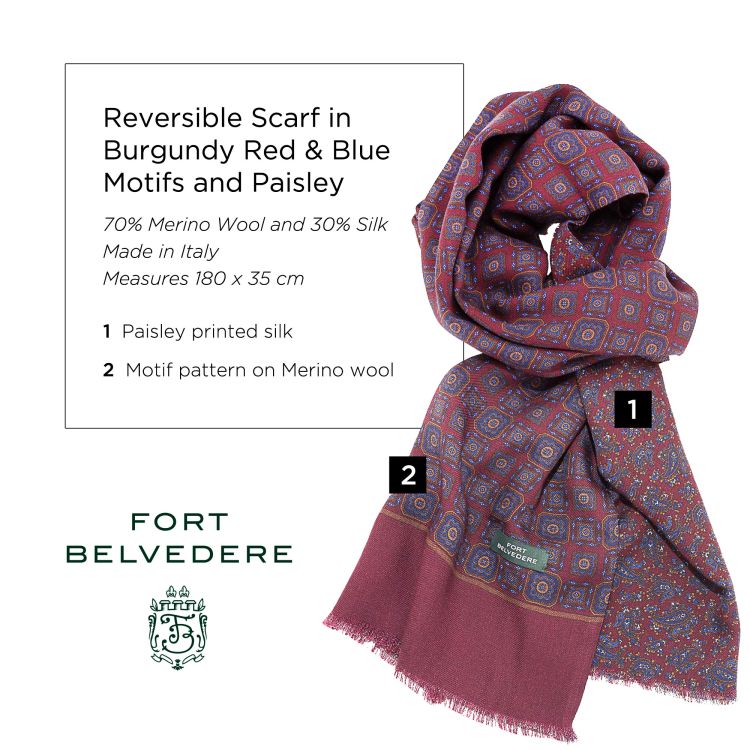 Reversible Scarf in Burgundy Red & Blue Silk Wool Motifs & Paisley - Fort Belvedere