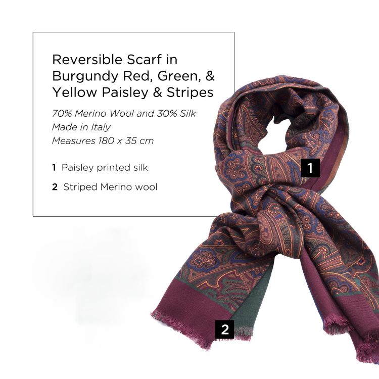 Reversible Scarf in Burgundy Red, Green and Yellow Silk Wool Paisley and Stripes - Fort Belvedere