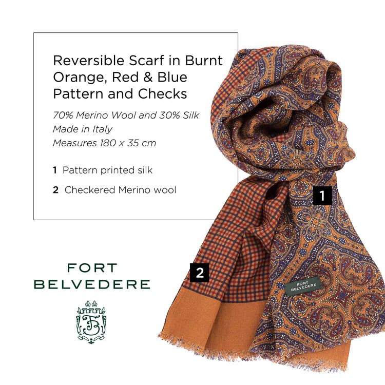 Reversible Scarf in Burnt Orange, Red & Blue Silk Wool Pattern & Checks - Fort Belvedere