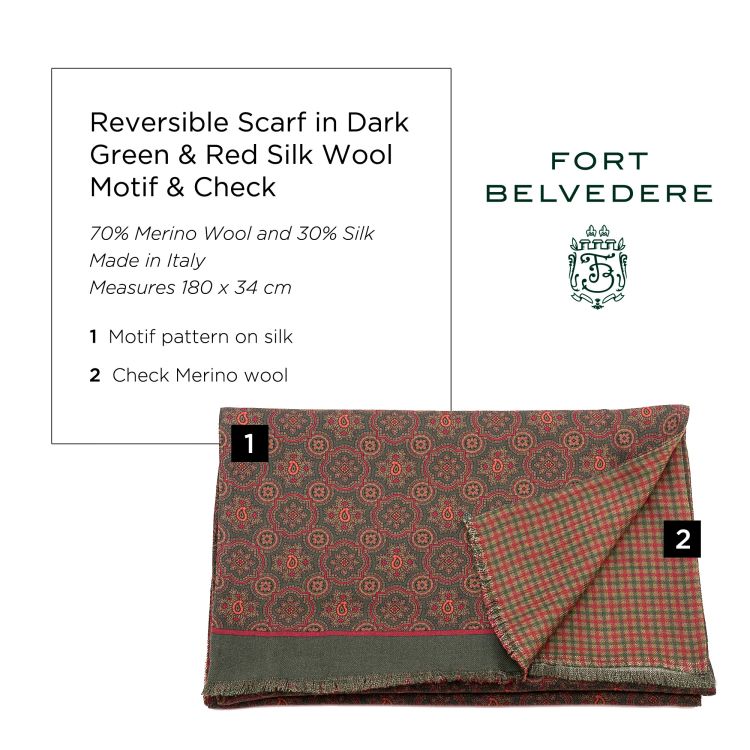 Reversible Scarf in Dark Green & Red Silk Wool Motif & Check - Fort Belvedere