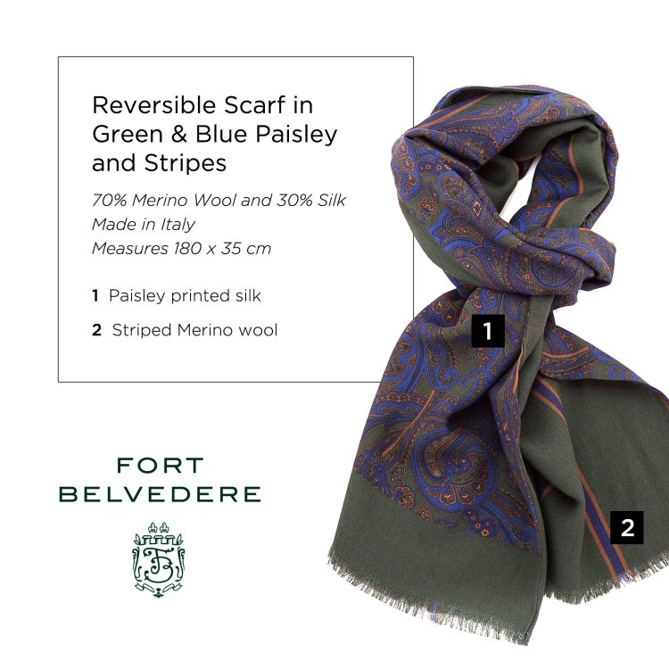 Reversible Scarf in Green & Blue Silk Wool Paisley & Stripes - Fort Belvedere