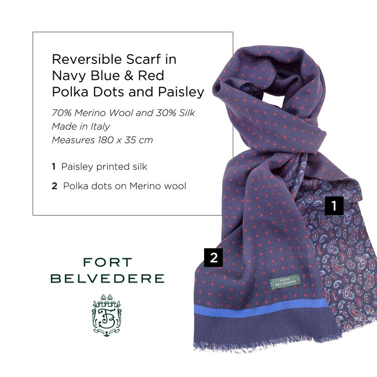 Reversible Scarf in Navy Blue & Red Silk Wool Polka Dots & Paisley - Fort Belvedere