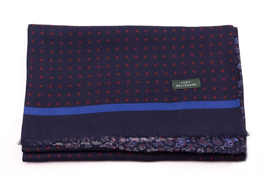 Reversible Scarf in Navy Blue and Red Silk Wool Polka Dots and Paisley - Fort Belvedere