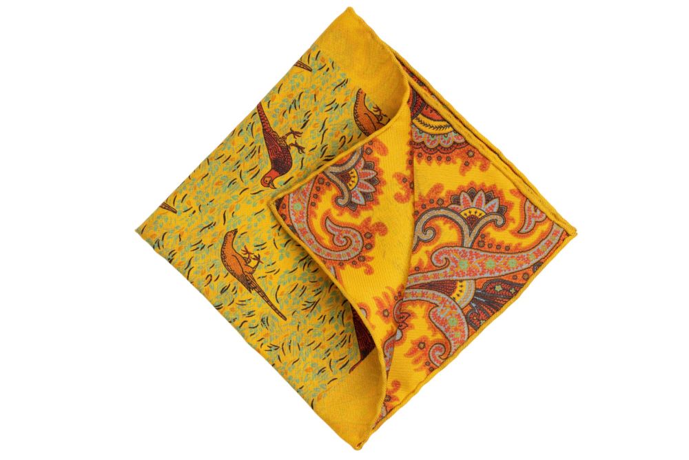 Reversible Madder Silk Pocket Square in Yellow with Orange Pheasants and Blood Orange Paisley