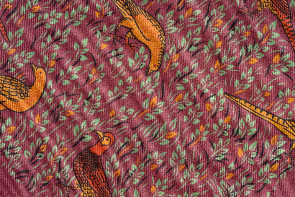 Reversible Madder Silk Pocket Square in Burgundy with Orange Pheasants and Ochre Paisley