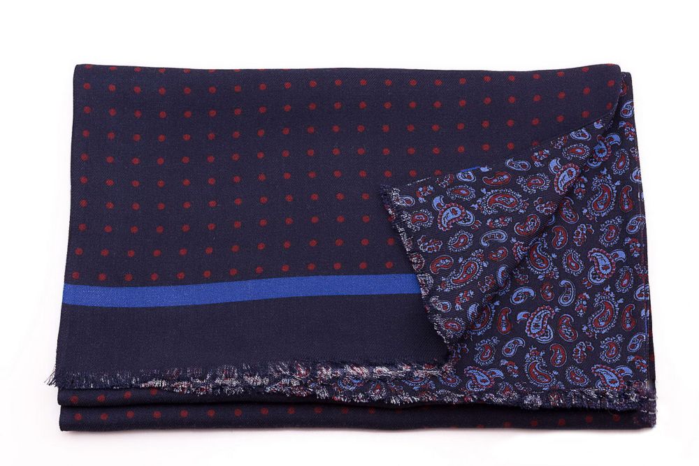 Reversible Scarf in Navy Blue & Red Silk Wool Polka Dots & Paisley by Fort Belvedere