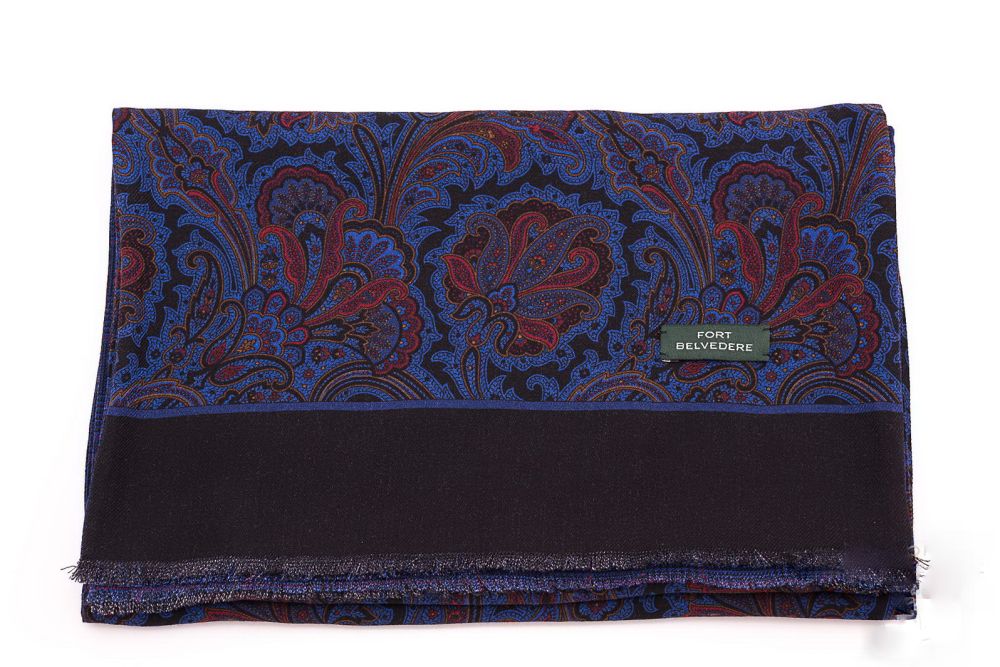 Reversible Scarf in Royal Blue & Red Silk Wool Polka Paisley by Fort Belvedere