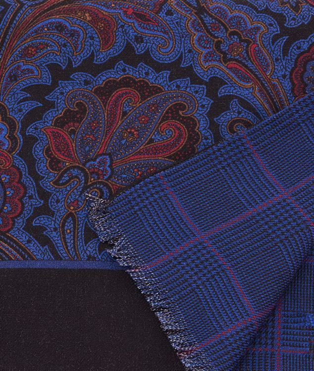 Reversible Scarf in Royal Blue & Red Silk Wool Polka Paisley & Glen Check by Fort Belvedere
