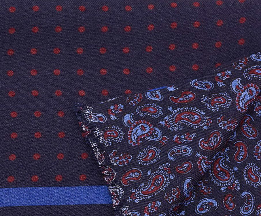 Revesible Silk Wool Scarf with Navy Blue & Red Silk Wool Polka Dots & Paisley by Fort Belvedere