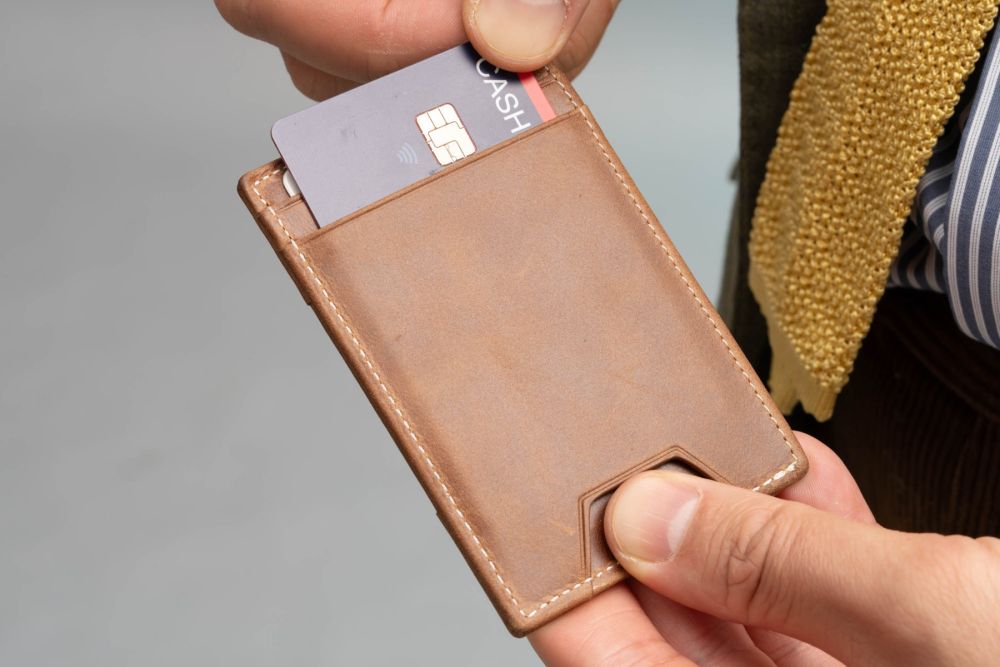 Four Card Carrier Slim Wallet in Saddle Brown Montecristo Leather RFID blocking feature. 