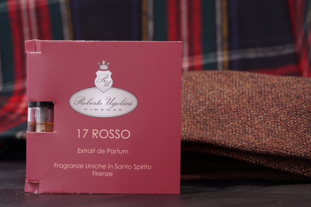 Roberto Ugolini 17 Rosso Fragrance sample packagign with background fabric
