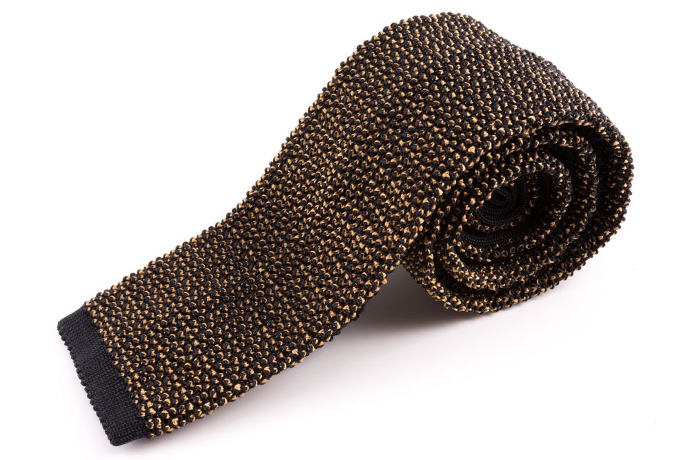 Two-Tone Knit Tie in Charcoal and Cognac Yellow Changeant Silk - Fort Belvedere