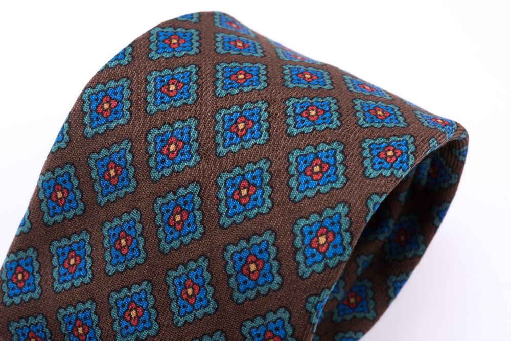Closer look Wool Challis Tie in Brown with Green, Blue, Orange, Yellow Pattern - Fort Belvedere