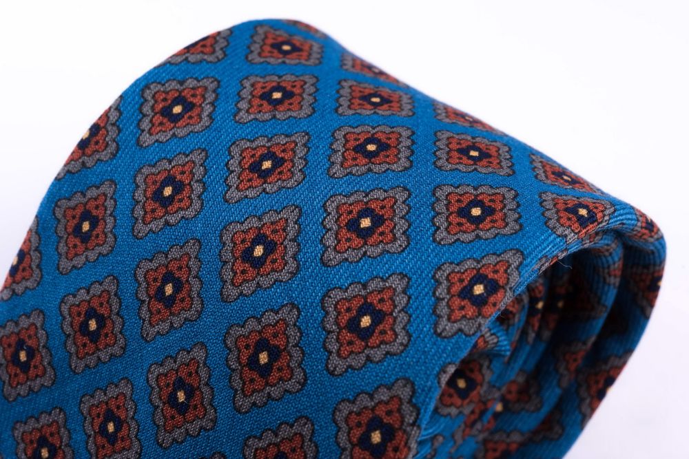 Closer look Wool Challis Tie in Turquoise with Gray, Orange, Navy & Yellow Pattern - Fort Belvedere