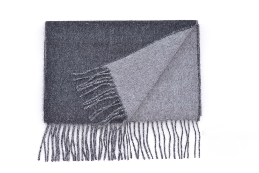 Double Sided Scarf in 100% Baby Alpaca in Charcoal & Grey with Fringes- Fort Belvedere
