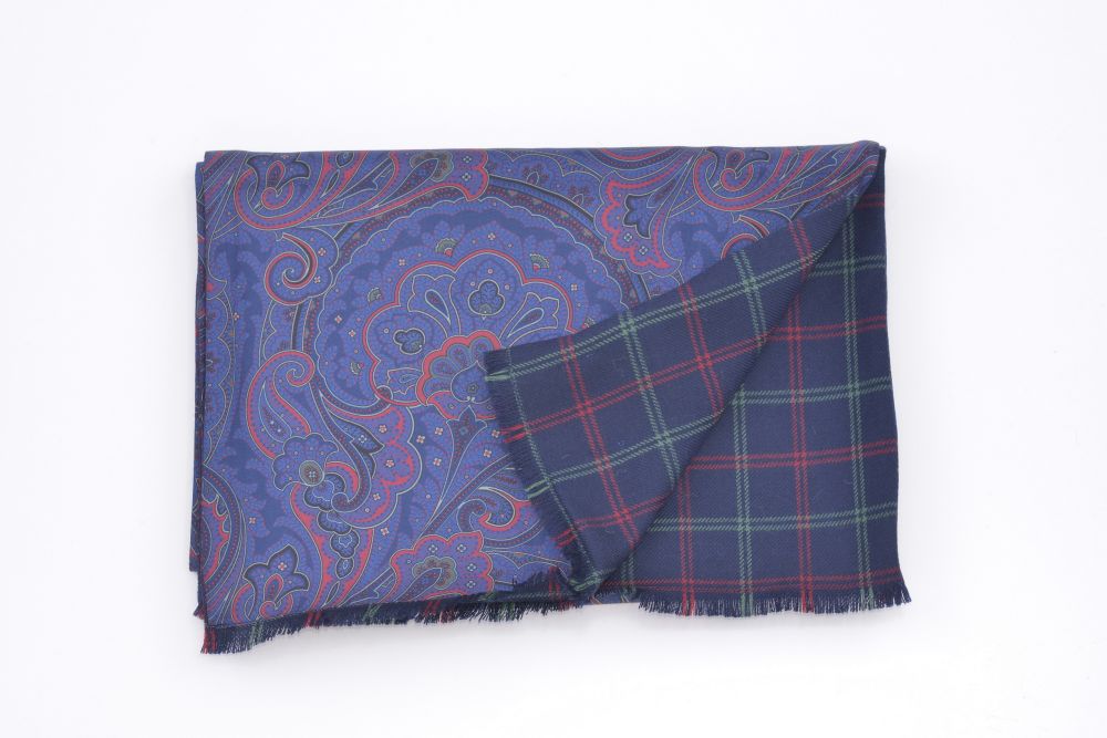 Blue Red Paisley Double Sided Scarf Silk Wool Fort Belvedere