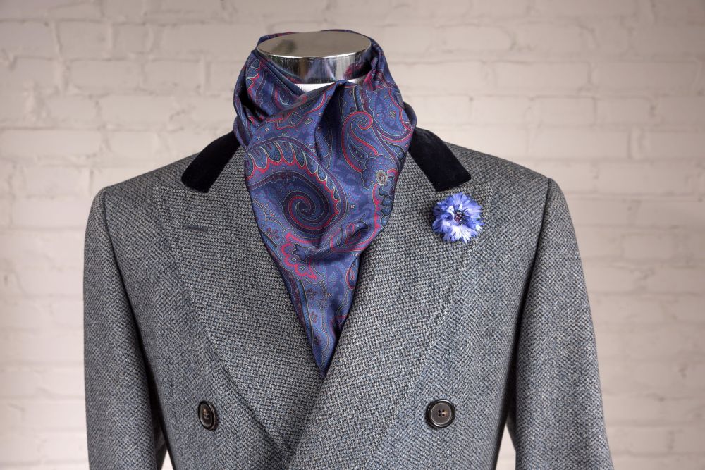 Double Sided Scarf in Blue Silk Wool Paisley and Plaid - Fort Belvedere