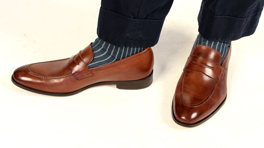 Shadow Stripe Prussian Blue and Grey Socks in Cotton by Fort Belvedere with brown loafers