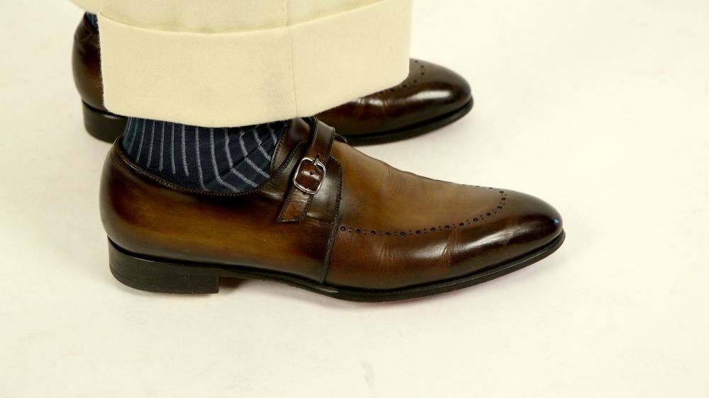 Shadow Stripe Prussian Blue and Grey Socks in Cotton by Fort Belvedere with brown loafers