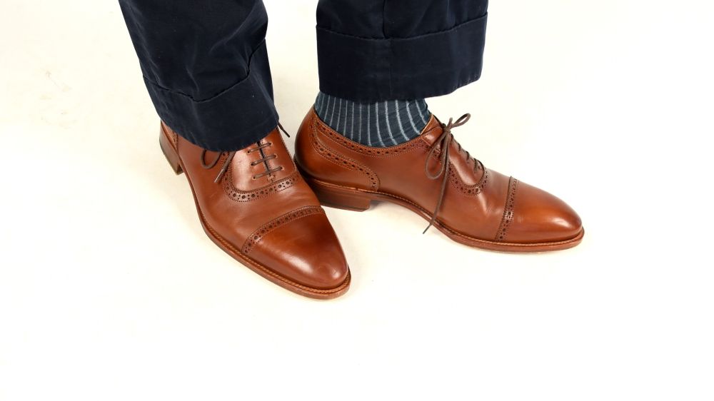 Shadow Stripe Prussian Blue and Grey Socks in Cotton by Fort Belvedere with brown oxfords