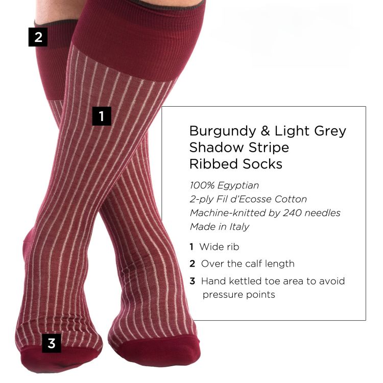 Shadow Stripe Ribbed Socks Burgundy and light grey Fil d'Ecosse Cotton - Fort Belvedere