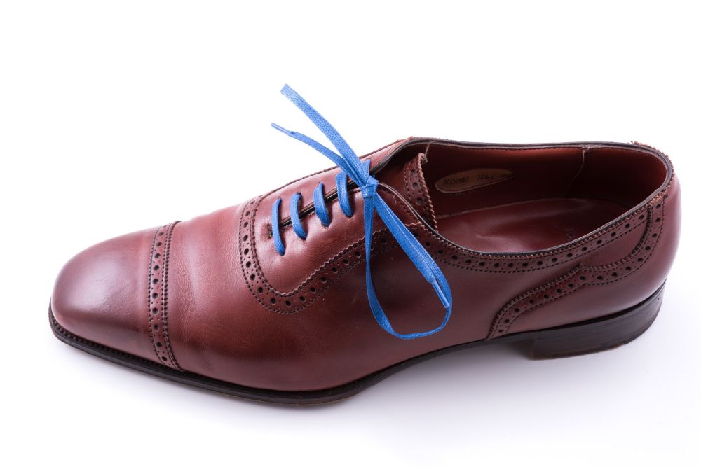 Stunning Royal Blue Shoelaces Flat Waxed Cotton on brown brogue - Luxury Dress Shoe Laces by Fort Belvedere