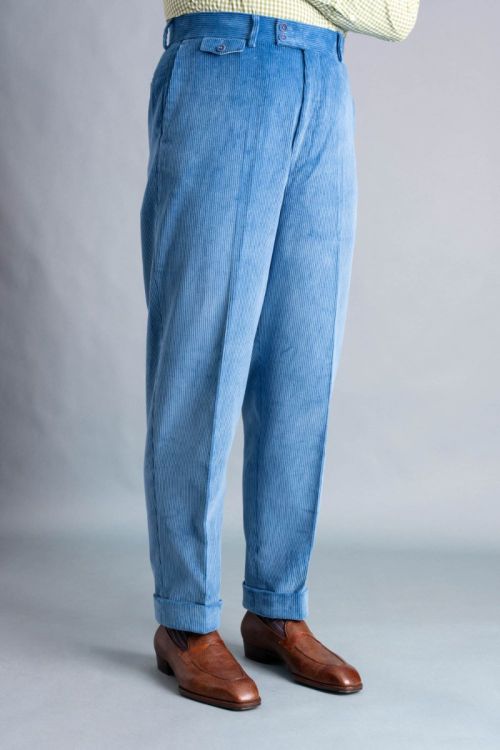 Sideview Stancliffe Corduroy Flat Front Trouser in Azure Blue