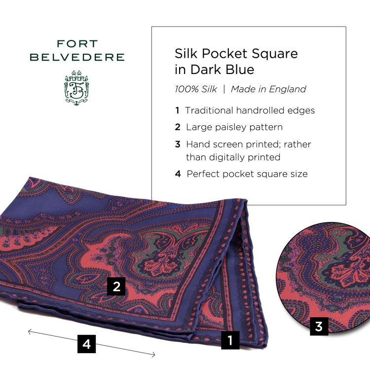 Silk Pocket Square in Dark Blue with Orange, Green Large Paisley Pattern- Fort Belvedere