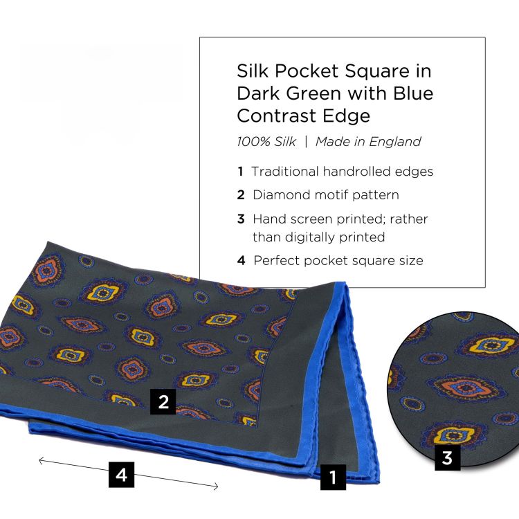 Silk Pocket Square in Dark Green with Diamond Motif & Blue Contrast Edge - Fort Belvedere