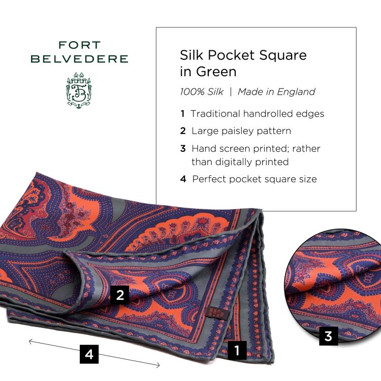 Silk Pocket Square in Green with Orange Large Paisley Pattern- Fort Belvedere