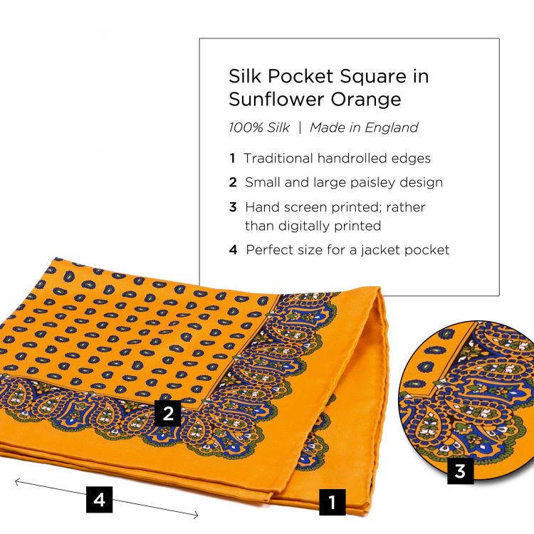 Silk Pocket Square in Sunflower Orange with Small & Large Paisley - Fort Belvedere