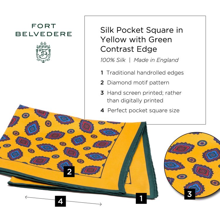 Silk Pocket Square in Yellow with Diamond Motif & Green Contrast Edge - Fort Belvedere