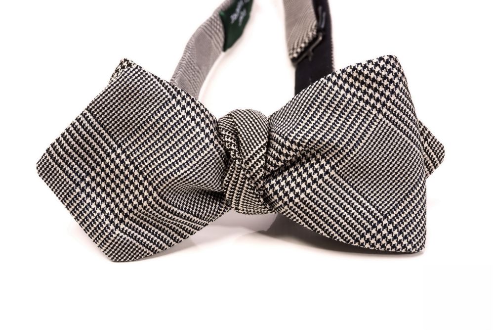 Silk Bow Tie in Black and White Glen Check - Pointed End - Fort Belvedere