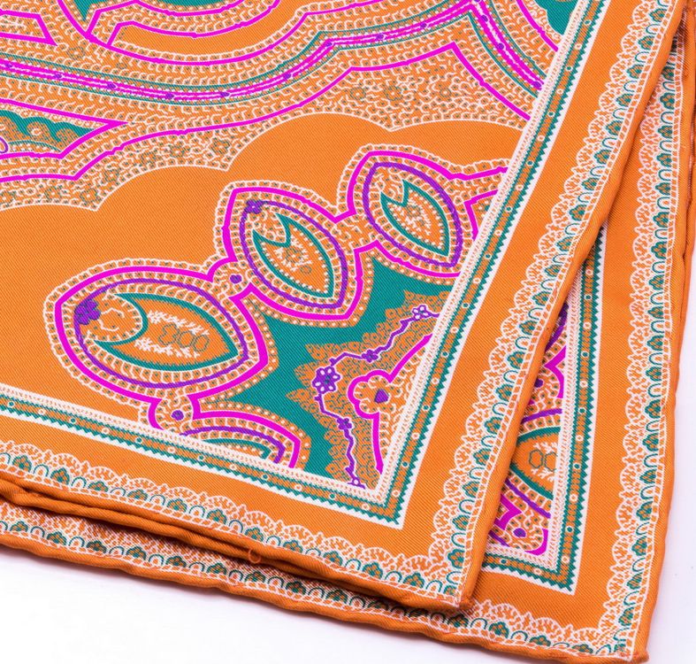 Silk Pocket Square in Orange with Green, Pink and Purple Large Paisley Pattern- Fort Belvedere