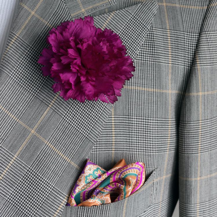 Silk Pocket Square in Orange with Green, Pink & Purple Paisley and purple carnation boutonniere by Fort Belvedere