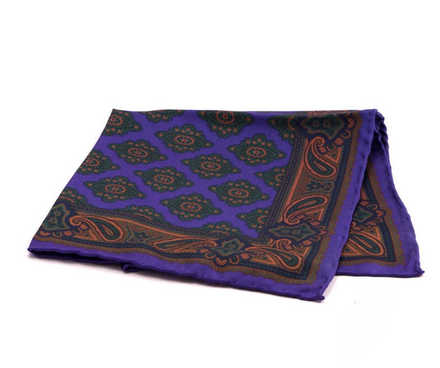 Silk Pocket Square in Purple Real Ancient Madder Silk with green & orange pattern Dye & Discharge Print - Handrolled by Fort Belvedere
